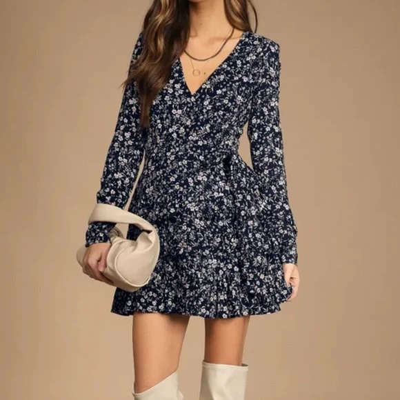 Lulus Cute and Curated Navy Blue Floral Print Tiered Mini Dress / Size Large - Picture 3 of 16